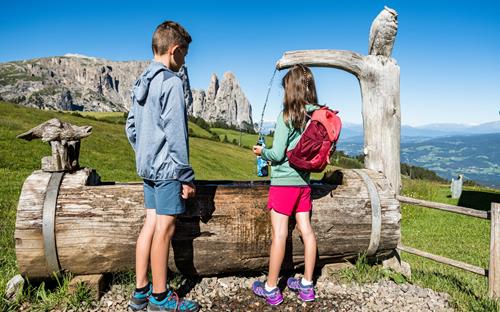 Two kids at a drinking water fountain